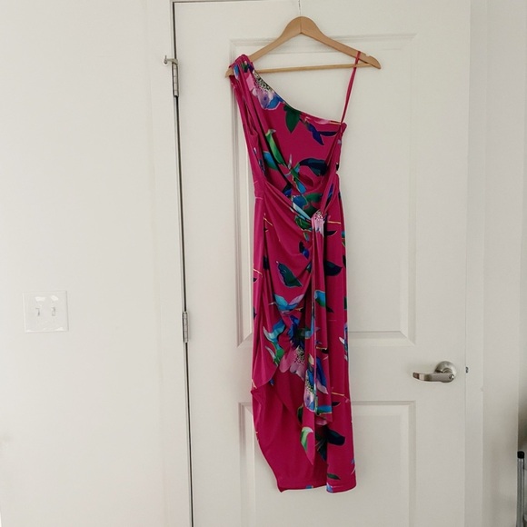 Boston Proper Watercolor Abstract Print One Shoulder Tie Waist Knit Midi Dress - Picture 3 of 9